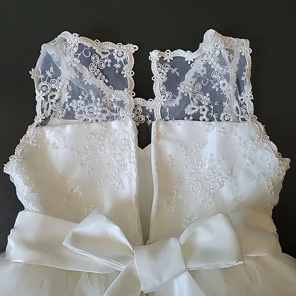 Tahari Girl Tea Length Flower Girl Dress 6X White Embroidered Lace Tulle Wedding - Picture 7 of 14